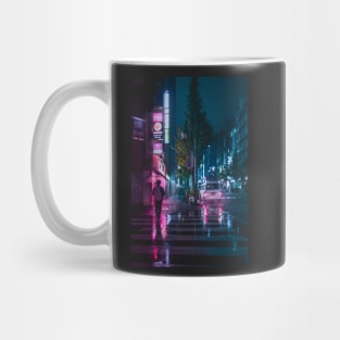 Japanese Walking home in the rain from the grind. Pink and purple reflections. Mug